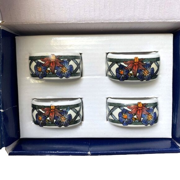 DANSK Napkin Rings Set of 4 Ceramic Nordic Garden Floral with Trellis Pattern - Picture 5 of 11